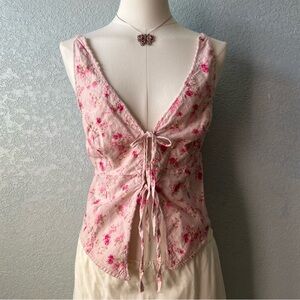 Pink Rose Floral Tie Front Top Coquette Cottagecore Look Medium